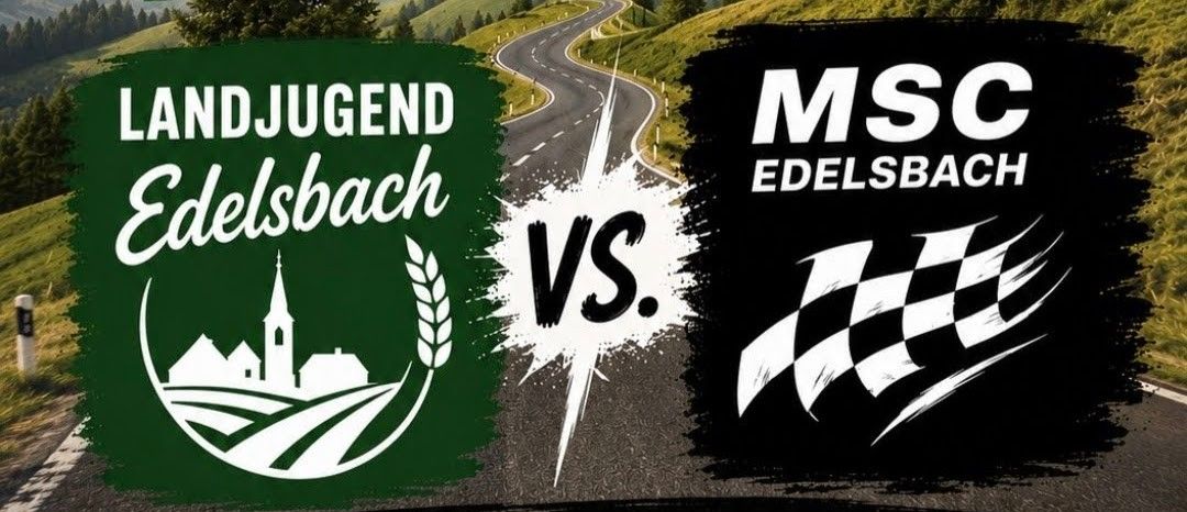 Ein Werbebild für ein Rennevent mit dem Text 'NDJUGEND Edelsbach VS.' auf grünem Hintergrund mit Dorf- und Weizengrafik und 'MSC EDELSBACHK' auf schwarzem Hintergrund mit Schachbrettflagge.