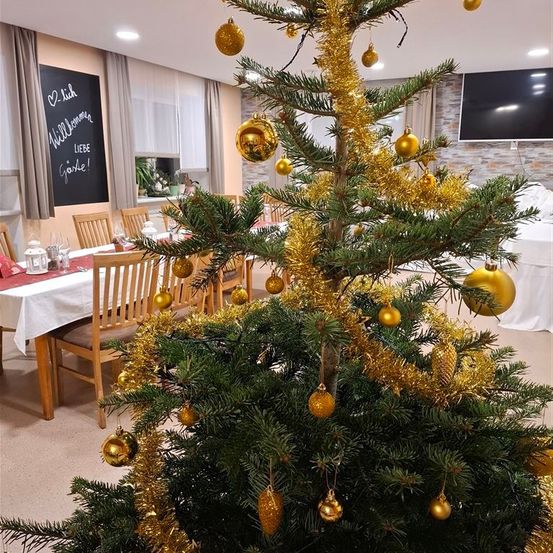 Bild enthält, Christmas, Christmas Decorations, Festival, Christmas Tree, Christmas Tree Ornaments, Chair, Furniture, Blackboard, Monitor, Screen