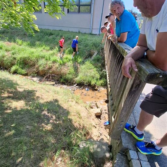 Menschen beobachten zwei Jogger, die in einem Grasbereich laufen. Sie lehnen sich an einen Holzzaun.