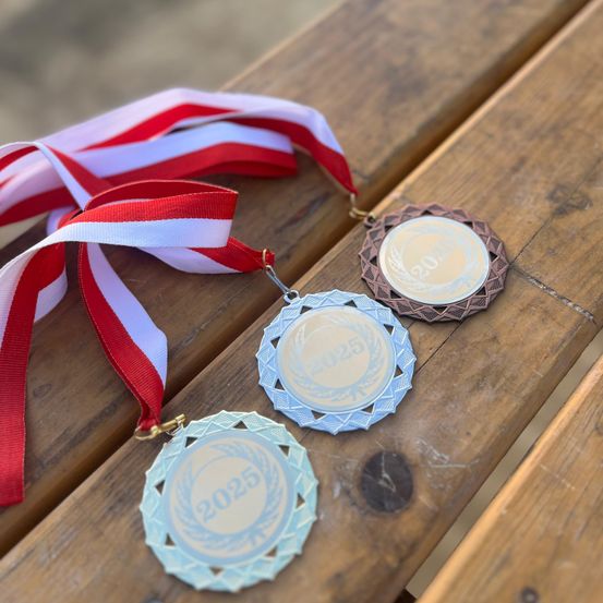 Drei Medaillen mit dem Jahr 2025 sind auf einer Holzoberfläche ausgestellt, eine mit rotem Band und zwei mit blauen Designs.