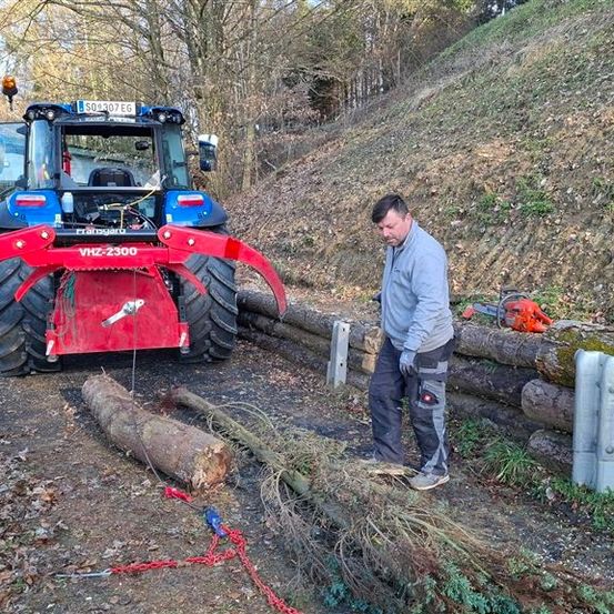 Ein Mann steht neben einem roten Traktor mit einem Baumstamm auf dem Boden. Der Traktor ist mit Ketten an einem Baumstamm befestigt. Der Mann trägt Handschuhe.