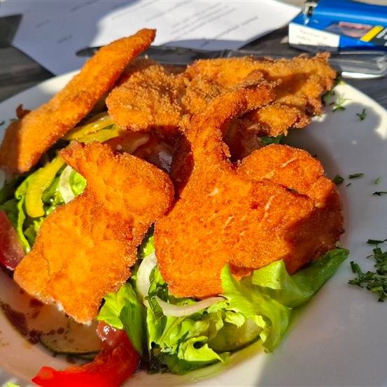Ein weißer Teller mit einem Salat, der mit knusprigen gebratenen Fischstücken, einigen Tomatenscheiben und grünem Gemüse belegt ist. Ein Gabel und ein Stück Papier liegen auf dem Tisch.
