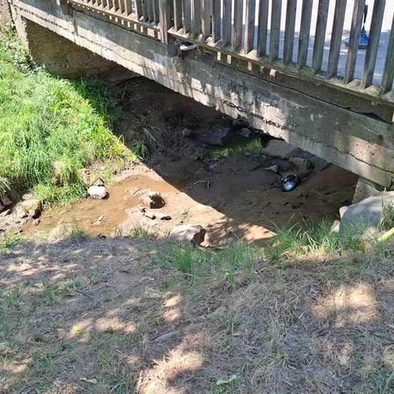 Eine Holzbrücke mit Metallgeländer ist zu sehen, mit einer kleinen Pfütze unter ihr. Es gibt Steine und Schutt um die Brücke herum.