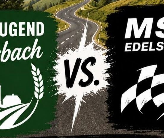 Ein Werbebild für ein Rennevent mit einer Straße, einem Schachbrettmuster und einem Dorf im Hintergrund. Der Text lautet 'NDJUGEND Edelsbach VS. MSC Edelsbach'.