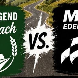 Ein Werbebild für ein Rennevent mit einer Straße, einem Schachbrettmuster und einem Dorf im Hintergrund. Der Text lautet 'NDJUGEND Edelsbach VS. MSC Edelsbach'.