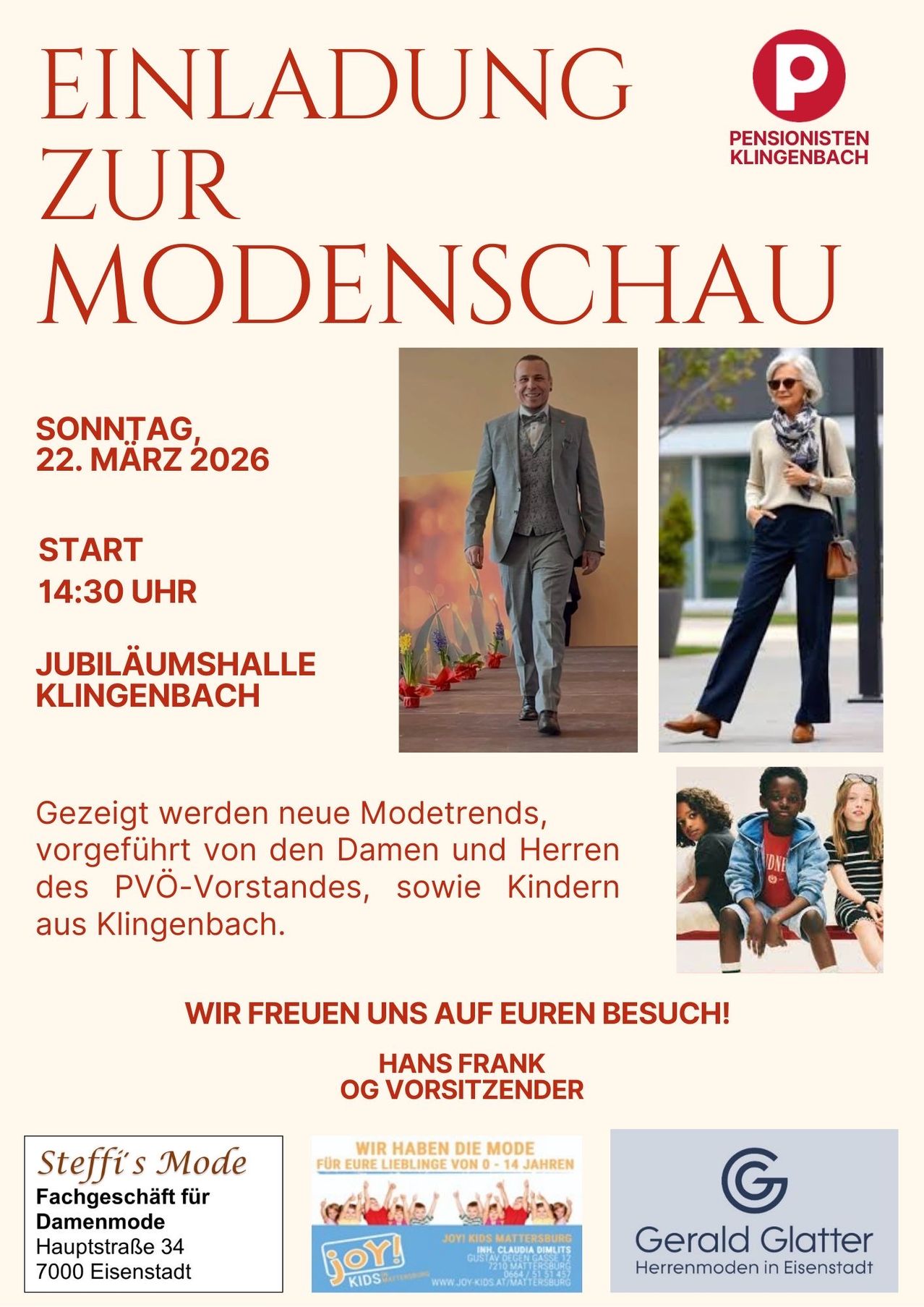 Plakat für eine Modenschau am 22. März 2026 um 14:30 Uhr in der Jubiläumshalle Klingenbach. Zeigt einen Mann und eine Frau in Mode. Die Veranstaltung wird von Hans Frank und dem PVO-Vorsitzenden ausgerichtet. Kinder aus Klingenbach nehmen ebenfalls teil.