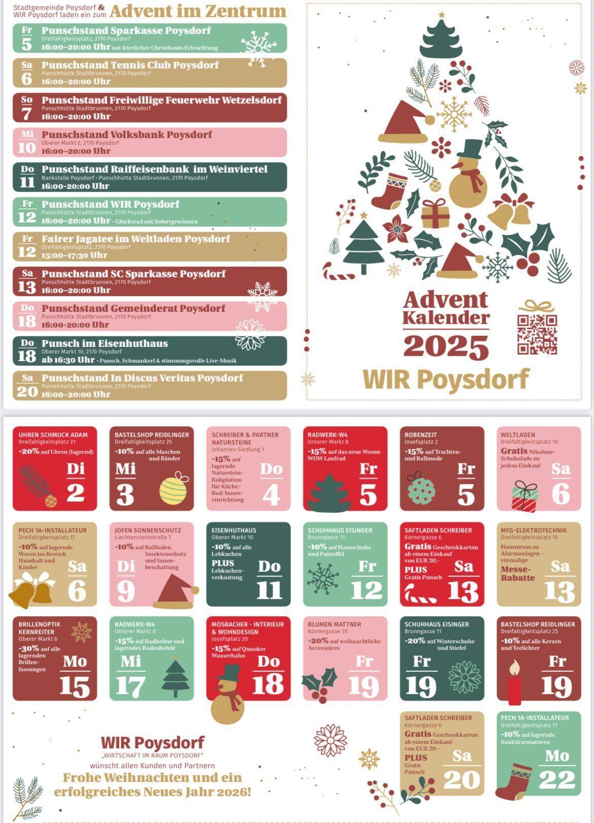 The image displays an Advent calendar for 2025, featuring daily discounts at various locations in Poysdorf. Each day, from December 1 to December 24, a different shop or attraction offers a discount. The calendar includes a QR code for more information.