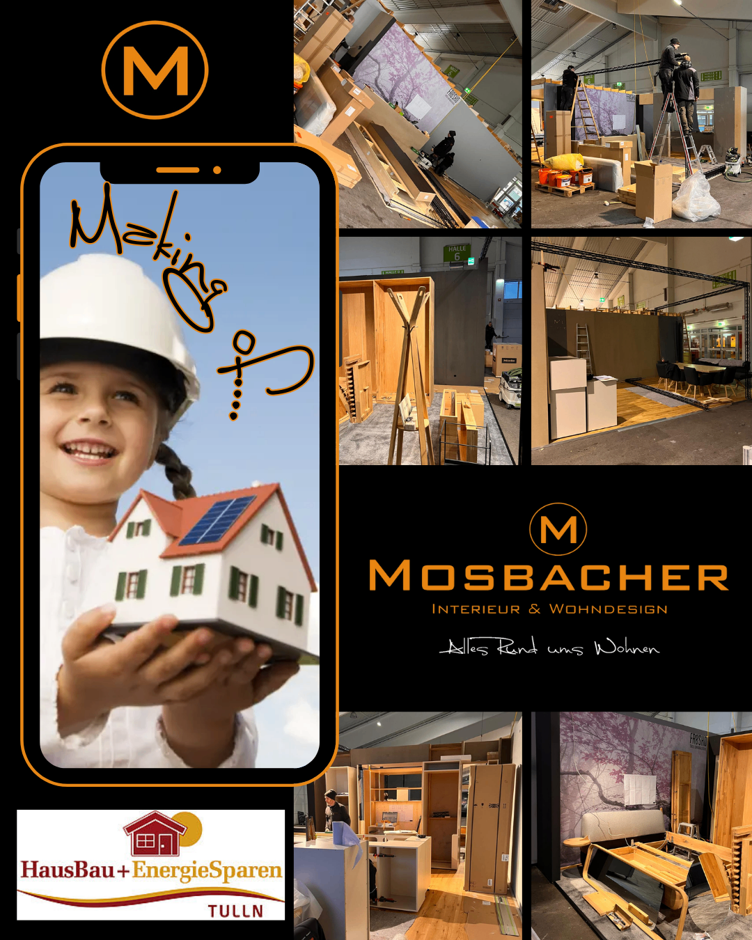 Ein Werbebild für Mosbacher mit einem kleinen Mädchen, das ein Hausmodell mit Solarmodulen hält, einer Collage von Bau- und Innenszenen und dem Logo der Marke.