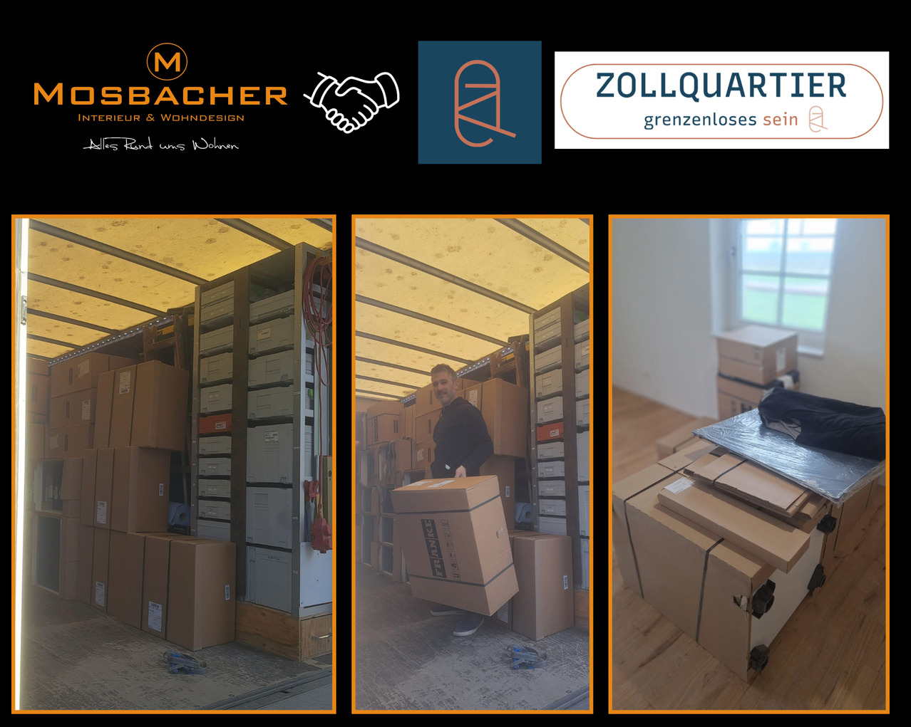 Three images show a man loading and unloading boxes in a moving truck. The first image shows the man loading boxes into the truck. The second image shows the man unloading boxes from the truck. The third image shows a stack of boxes on the floor.