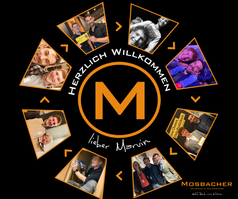 A collage of smiling people around a central image with the text 'Herzlich Willkommen'. The central image has a yellow letter 'M' and the text 'lieber Marvin'. The collage is in a circular format.