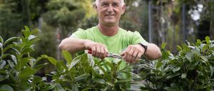Ein Mann in einem grünen T-Shirt steht in einem Garten, schneidet einen Busch mit einer Schere und lächelt in die Kamera.