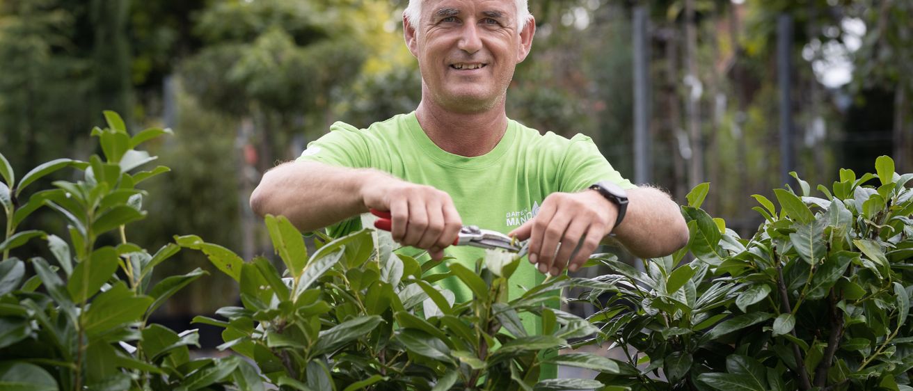 Ein Mann in einem grünen T-Shirt steht in einem Garten, schneidet einen Busch mit einer Schere und lächelt in die Kamera.