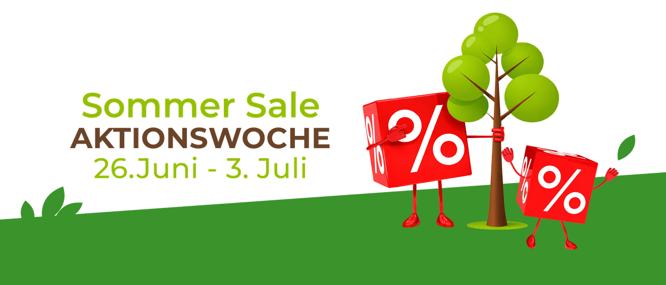 Sommer-Verkaufsposter mit einem grünen Baum und einem roten Kasten mit großem Prozentzeichen. Text sagt 'Sommer Woche' und 'bis 3. Juli'.