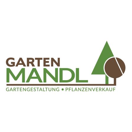 Das Logo von Garten Mandl, einem Unternehmen für Gartengestaltung und Pflanzenverkauf, zeigt einen Baum und ein Blatt in Grün und Braun.