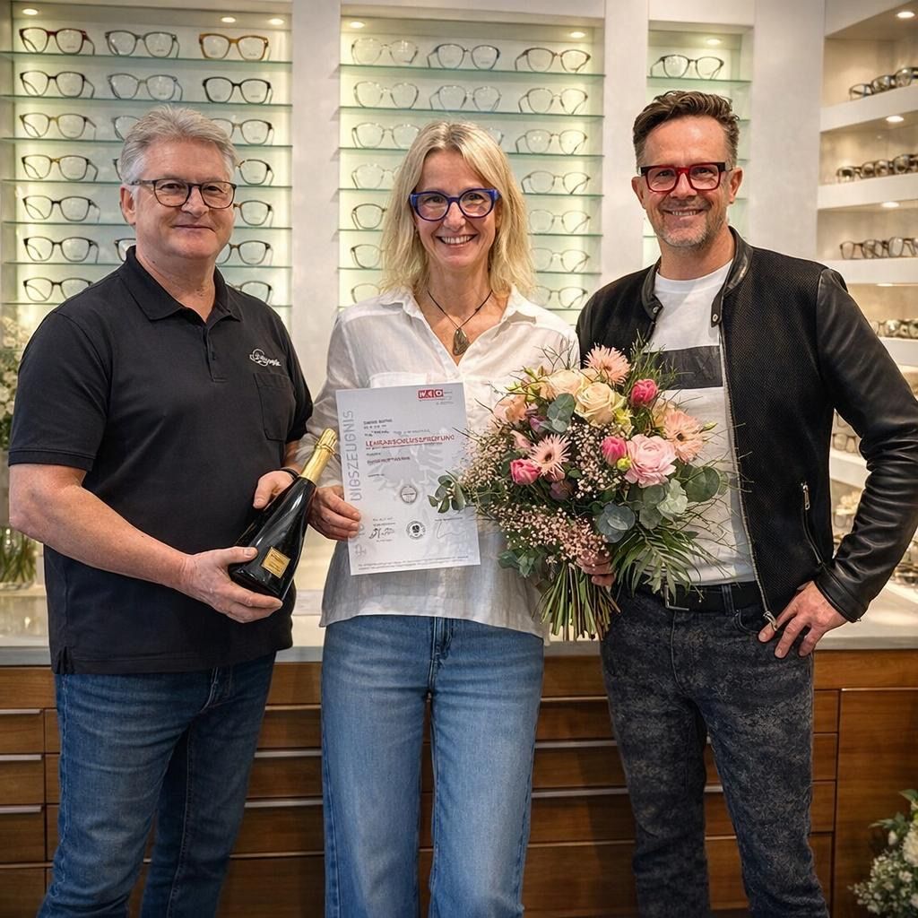 Three people stand in front of an optician shop, smiling. The man on the left holds a bottle of champagne, the woman in the middle holds a certificate, and the man on the right holds a bouquet of flowers. Behind them are shelves filled with glasses.