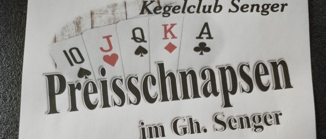 Ein Flyer für ein Kartenspiel-Event im Gasthaus Senger am 11. Oktober 2025. Das Spiel beginnt um 13:30 Uhr. Maximal 5 Karten pro Spieler. Preise sind 400, 250 und 120.