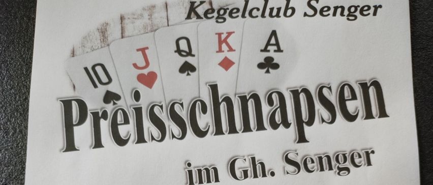 Ein Flyer für ein Kartenspiel-Event im Gasthaus Senger am 11. Oktober 2025. Das Spiel beginnt um 13:30 Uhr. Maximal 5 Karten pro Spieler. Preise sind 400, 250 und 120.