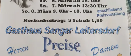 Plakat für ein Bowling-Event im Gasthaus Senger in Leitersdorf vom 5. bis 8. März 2026. Kosten 5 Schub 1,50. Verschiedene Preise für Herren und Damen.