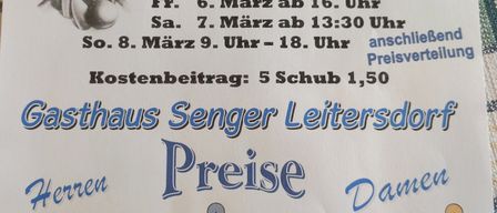 Poster for a bowling event at Gasthaus Senger in Leitersdorf from March 5 to 8, 2026. Costs 5 Schub 1.50. Different prizes for men and women.