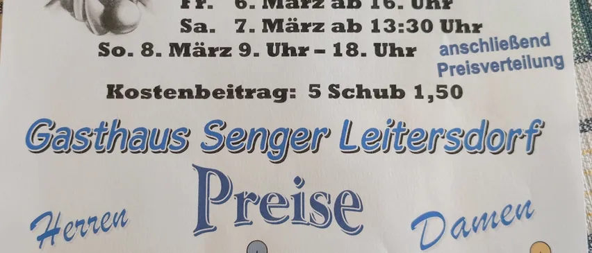 Plakat für ein Bowling-Event im Gasthaus Senger in Leitersdorf vom 5. bis 8. März 2026. Kosten 5 Schub 1,50. Verschiedene Preise für Herren und Damen.