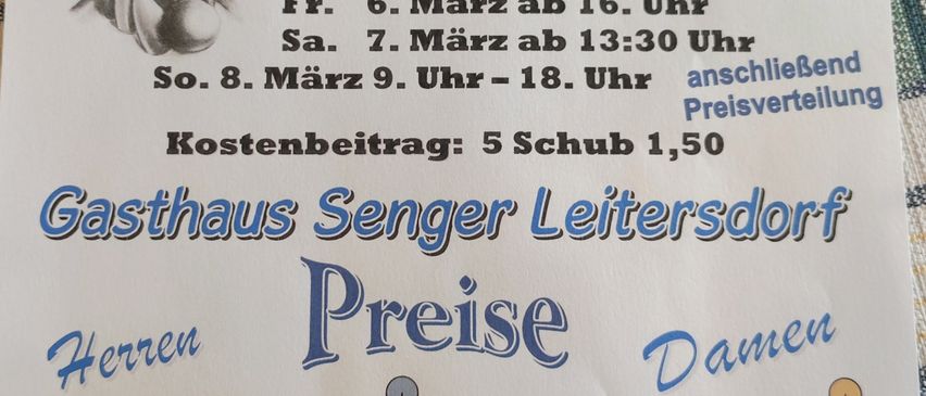 Plakat für ein Bowling-Event im Gasthaus Senger in Leitersdorf vom 5. bis 8. März 2026. Kosten 5 Schub 1,50. Verschiedene Preise für Herren und Damen.