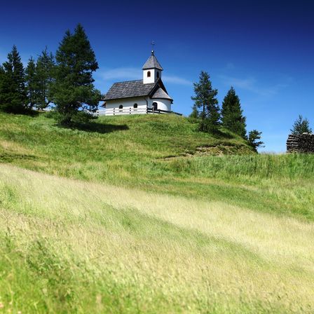 Eine kleine weiße Kirche mit einem grauen Dach und einem Turm steht auf einem grasbewachsenen Hügel, umgeben von Nadelbäumen unter einem klaren blauen Himmel.