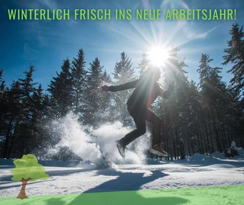 Eine Person springt auf einem Snowboard im Schnee, mit Tannenbäumen und einer strahlenden Sonne im Hintergrund.
