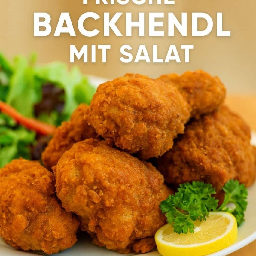 Ein Teller mit knusprigen Hähnchennuggets und einem Salatbeilag, garniert mit Petersilie und einer Zitronenscheibe. Der Hintergrund ist mit warmen Tönen verschwommen.