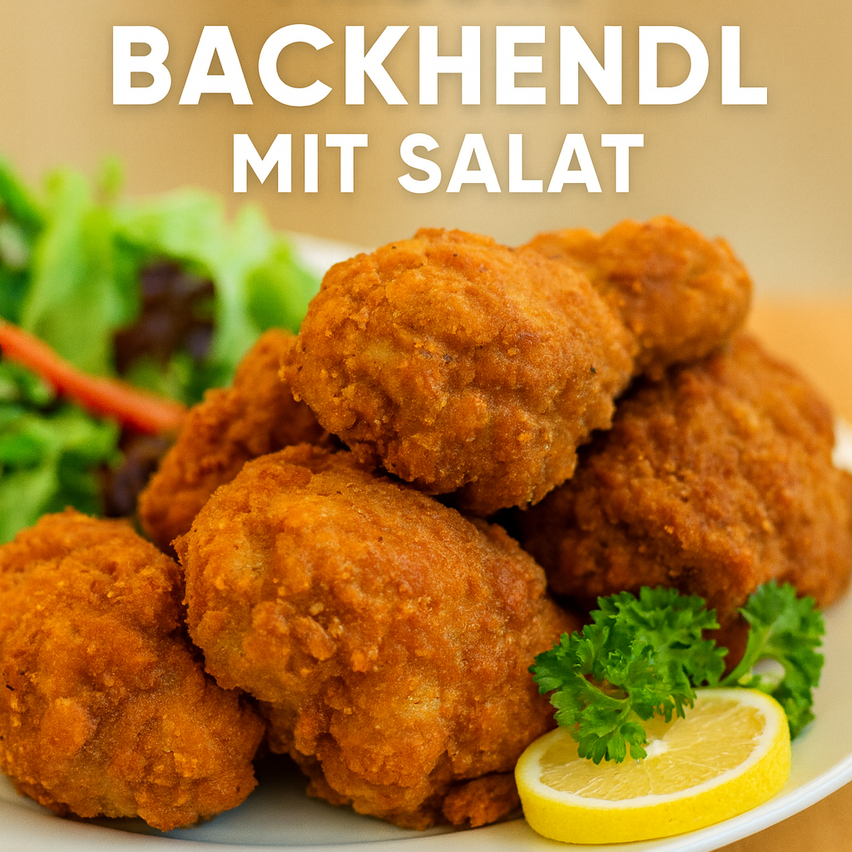 Ein weißer Teller mit gebratenen Hähnchenstücken und einer Beilage Salat, garniert mit Petersilie und einer Zitronenscheibe. Der Teller ist mit 'Backhendl mit Salat' beschriftet.