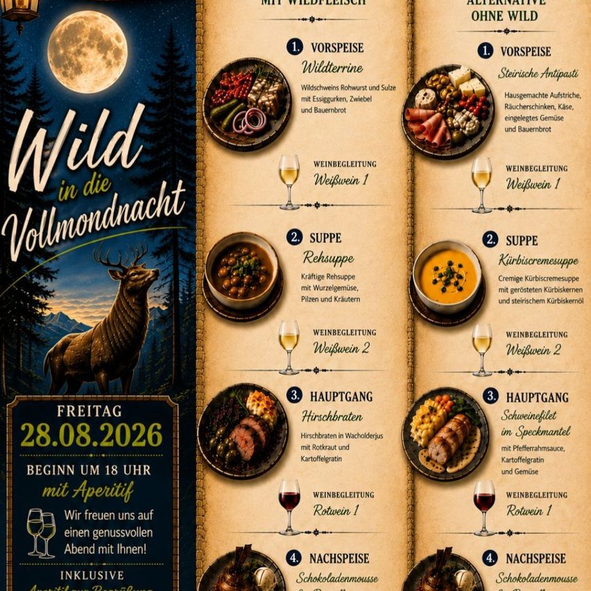 Ein Plakat für eine Vollmondnacht-Veranstaltung mit einem Menü mit Wildgerichten, einschließlich Hirschbraten, Suppe und Schokoladenmousse, vor dem Hintergrund eines Vollmonds und eines Waldes.
