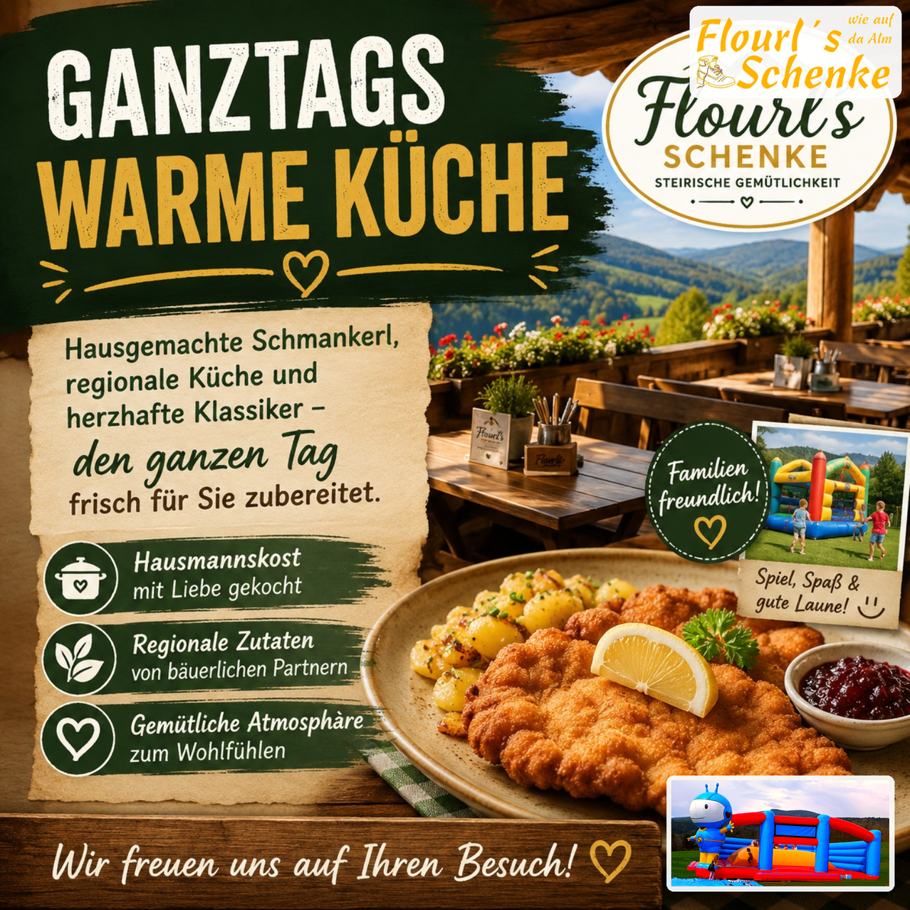 Ein Flyer für 'Ganztags Warme Küche' zeigt ein Essen, Berge und eine familienfreundliche Atmosphäre. Es bietet hausgemachte Gerichte, regionale Spezialitäten und herzhafte Klassiker, die den ganzen Tag frisch zubereitet werden.