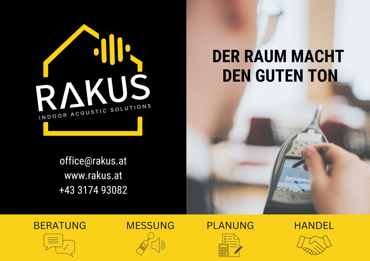 Eine Werbung für Rakus mit Logo, Kontaktdaten und angebotenen Dienstleistungen. Der Hintergrund zeigt ein verschwommenes Bild einer Person mit einem Gerät. Die Dienstleistungen umfassen Messung, Planung und Handhabung. Kontaktdaten umfassen E-Mail, Website und Telefonnummer.