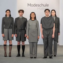 Sechs Models stehen in einer Reihe vor einem weißen Hintergrund mit 'Modeschule Hallein'. Sie tragen graue Anzüge, hohe Absätze und schwarze Socken.