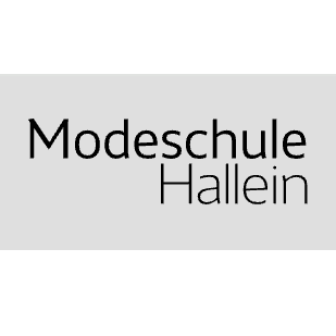 Ein grauer rechteckiger Rahmen enthält den Text 'Modeschule Hallein'. Die Schrift ist fett und die Farbe ist schwarz. Der Hintergrund ist weiß.