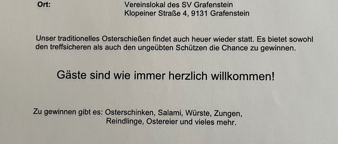 Die Einladung zum Ostereiersuchen findet am Freitag, 27. März 2026, ab 17:00 Uhr statt. Die Veranstaltung findet am Bahnhof Grafenstein von 17:00 bis 20:00 Uhr statt. Gäste sind herzlich willkommen. Zu gewinnen gibt es: Ostereier, Schinken, Würste, Zungen, Gelee, Osterkörbe und vieles mehr.