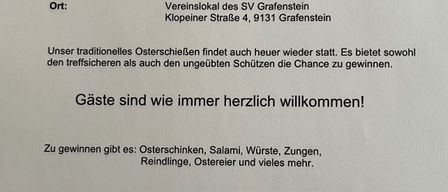 Die Einladung zum Ostereiersuchen findet am Freitag, 27. März 2026, ab 17:00 Uhr statt. Die Veranstaltung findet am Bahnhof Grafenstein von 17:00 bis 20:00 Uhr statt. Gäste sind herzlich willkommen. Zu gewinnen gibt es: Ostereier, Schinken, Würste, Zungen, Gelee, Osterkörbe und vieles mehr.