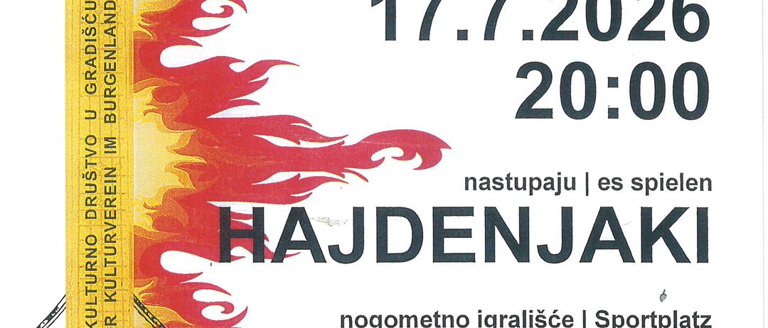 Plakat für 'Uz Oganj' zeigt eine Tamburica mit Flammen, Datum 17.7.2026, Zeit 20:00, Gruppe 'HAJDENJAK', Veranstaltungsort 'Veliki Boristof Groswarasdorf'.