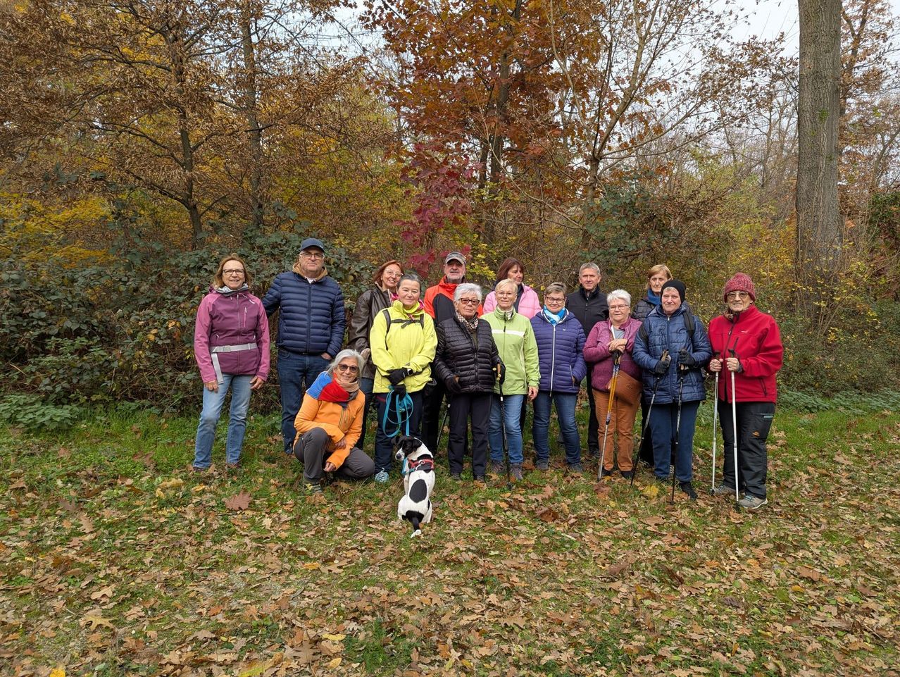 Eine Gruppe von Menschen steht in einem Feld mit verstreuten Blättern und posiert für ein Foto. Einige tragen Brillen und Hüte. Ein Hund sitzt vor ihnen. Der Hintergrund ist mit Bäumen gefüllt.