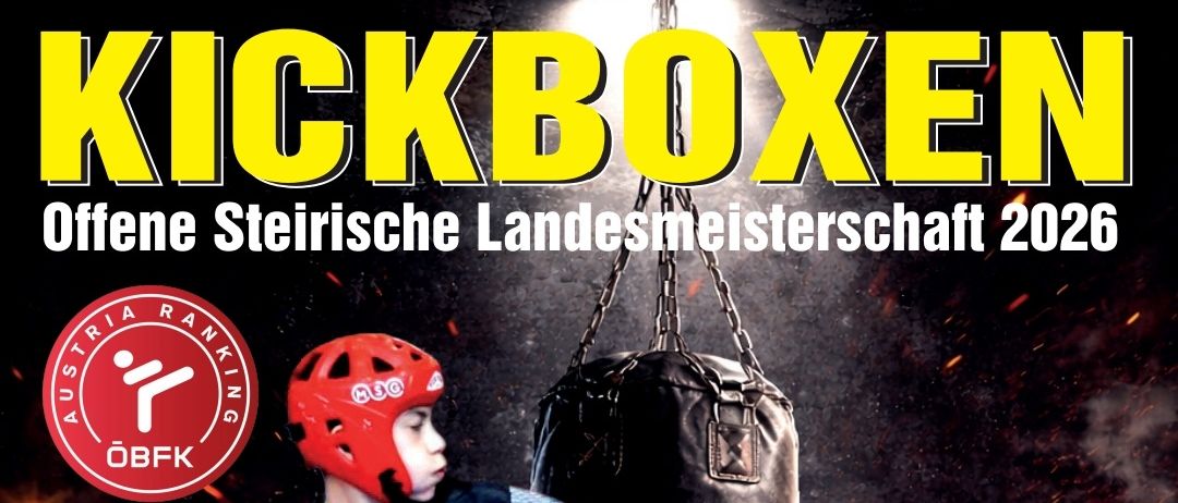 Ein Plakat für das österreichische Ranking-Kickbox-Championship 2026. Ein junger Junge in einem roten Helm tritt einen Boxsack. Das Datum ist Samstag, 21. Februar 2026.