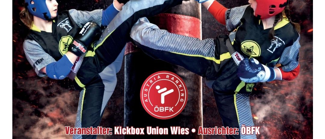 Plakat für die österreichische Nachwuchs-Kickbox-Meisterschaft 2026. Zwei Kämpfer in Aktion, einer tritt, der andere schlägt einen roten Boxsack. Datum: Samstag, 28. März 2026, Beginn um 12:00 Uhr. Ort: Sporthalle Gleistäten.