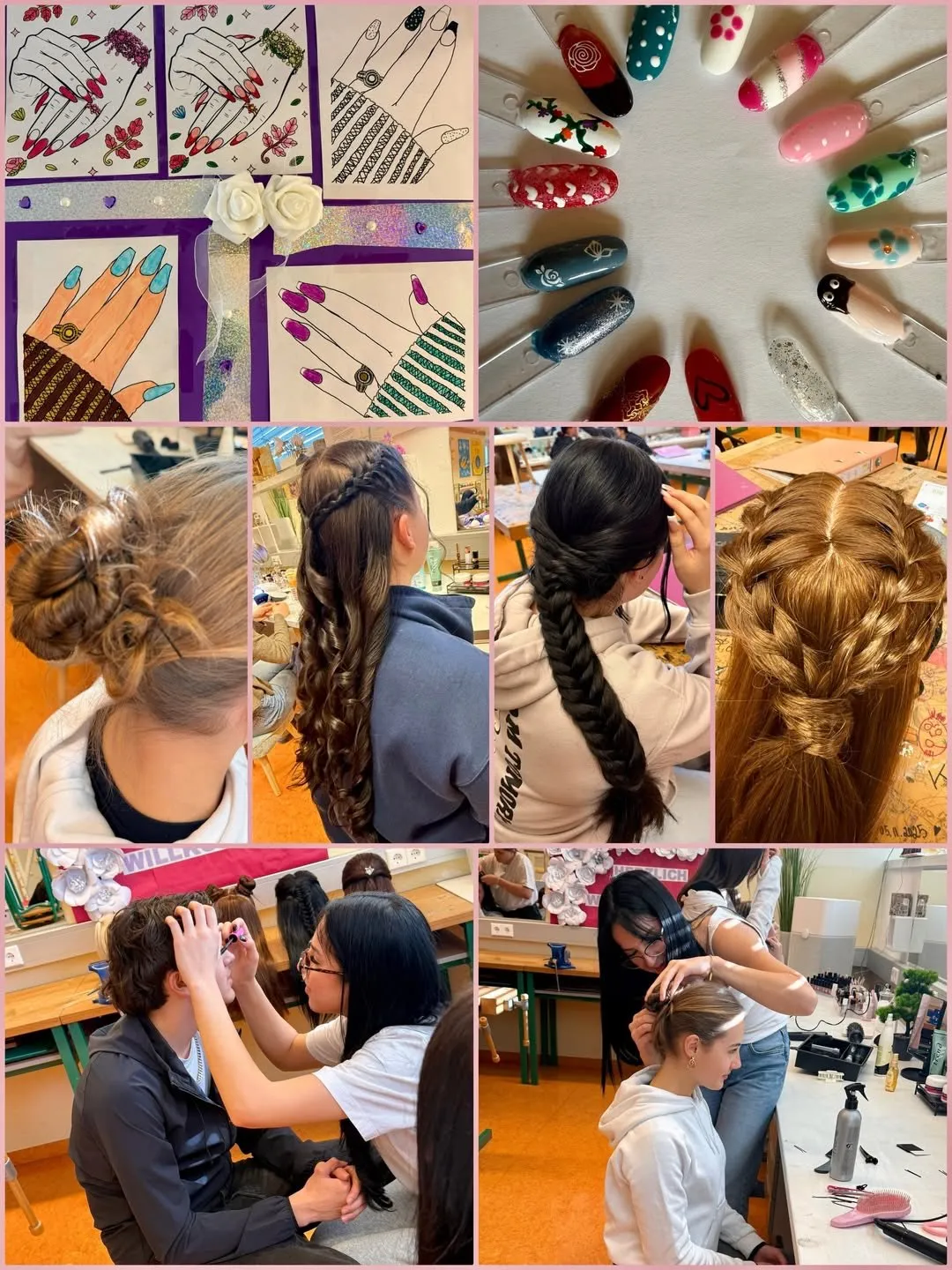 Ein Collage zeigt verschiedene Nageldesigns und Schüler beim Haare stylen. Nägel sind in verschiedenen Farben mit Mustern bemalt. Schüler üben das Flechten und Stylen von Haaren, einige vor Spiegeln.
