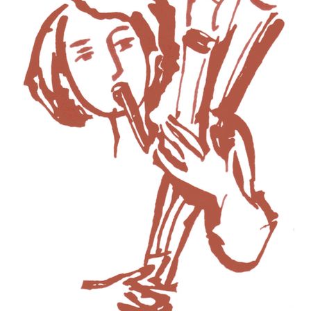 Eine braun-weiße Zeichnung einer Person, die mit geschlossenen Augen eine Flöte spielt.