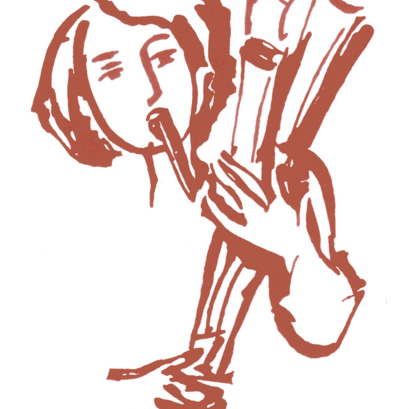 Eine braun-weiße Zeichnung einer Person, die mit geschlossenen Augen eine Flöte spielt.