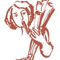 Eine braune Linienzeichnung einer Person, die ein Blasinstrument mit beiden Händen spielt, das Instrument hat eine zylindrische Form und die Person hat einen geschlossenen Augenausdruck.