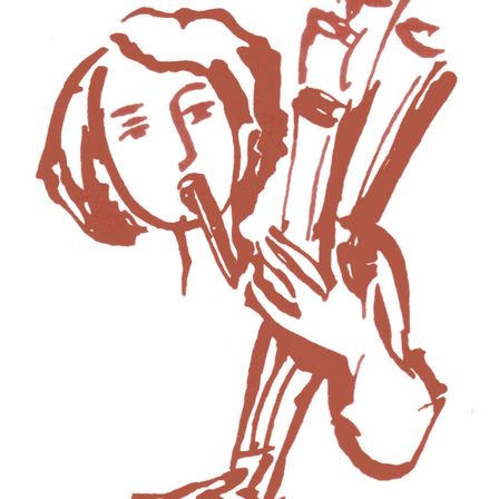 Eine braune Linienzeichnung einer Person, die ein Blasinstrument mit beiden Händen spielt, das Instrument hat eine zylindrische Form und die Person hat einen geschlossenen Augenausdruck.