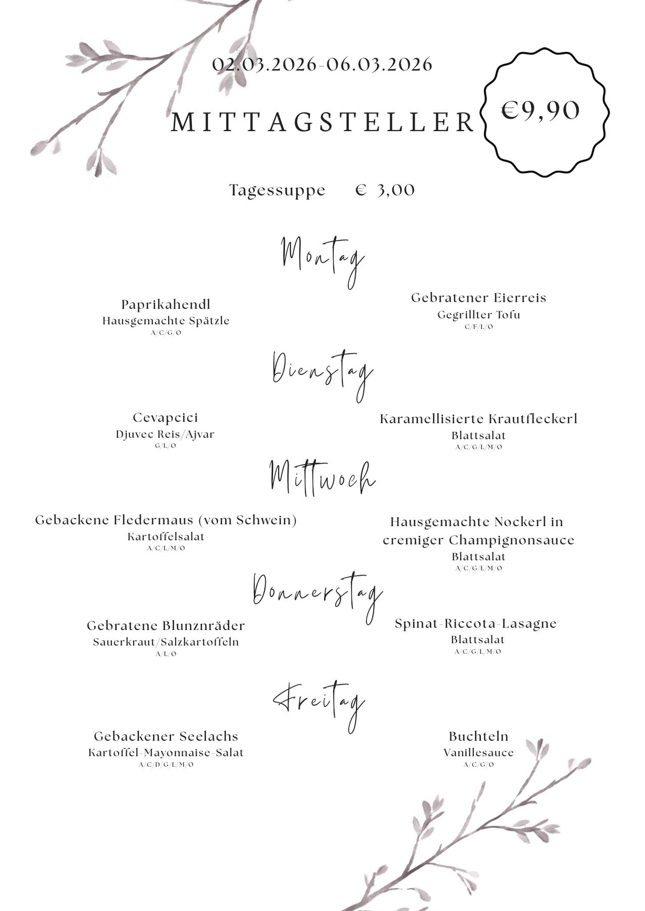 Tagesmenü: Montag - Paprikahähnchen, hausgemachte Soße. Dienstag - Gegrilltes Hähnchen, gegrillter Tofu. Mittwoch - Cevapcici, karamellisierte Radieschen. Donnerstag - Gebackenes Hähnchen, hausgemachte Gnocchi. Freitag - Gegrilltes Rindfleisch, Spinat-Ricotta-Lasagne. Samstag - Gebackener Seelachs, Vanillesoße.