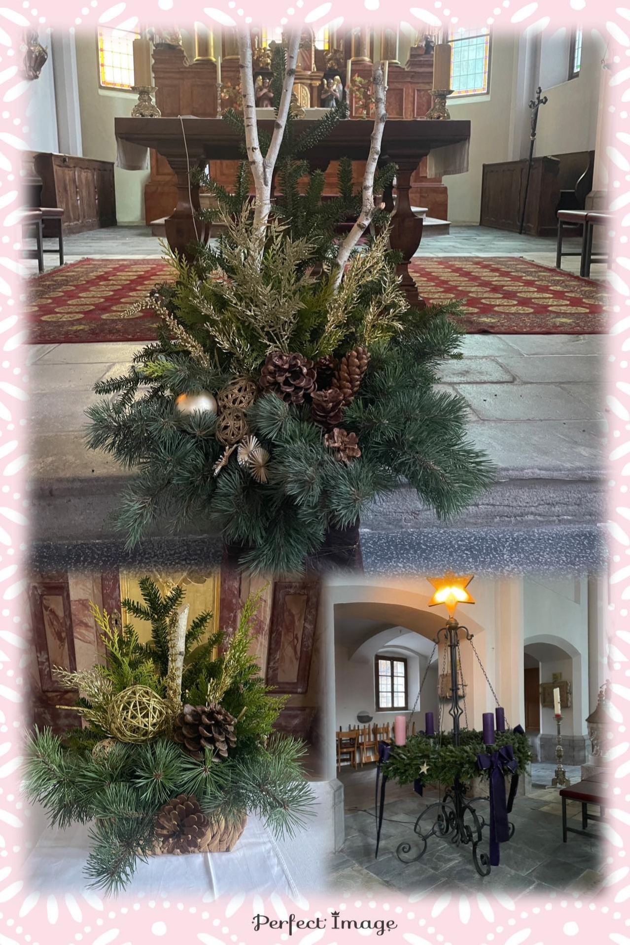 Eine Collage zeigt eine Weihnachtsdekoration mit Tannenzweigen, Ornamenten und Tannenzapfen vor einer Kirche. Der untere Teil zeigt eine Kronleuchter mit violetten Kerzen im Inneren der Kirche.
