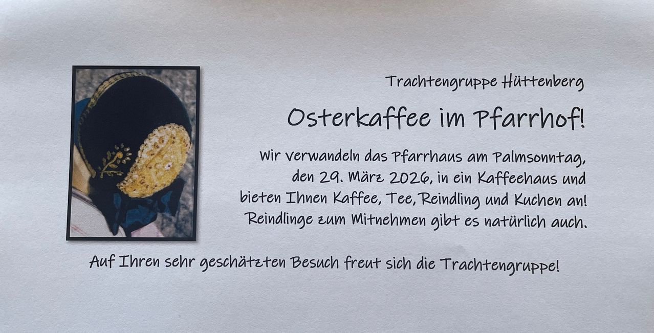 Postkarte mit einem Bild eines Gebäcks. Der Text lautet: 'Osterskaffee im Pt. Am 29. März 2026 verwandeln wir das Bauernhaus in ein Café, das Kaffee, Tee und Gebäck zum Mitnehmen anbietet.'