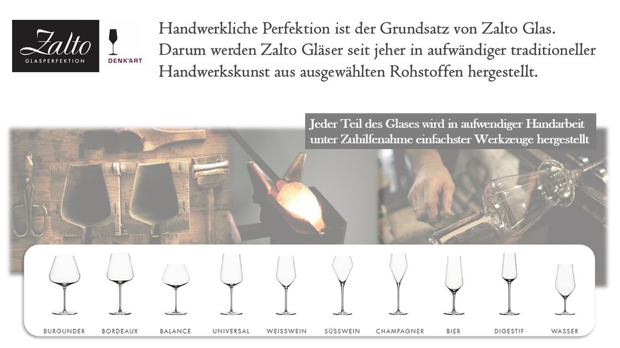 Ein Banner für Zalto-Gläser betont ihre handwerkliche Natur. Ein Bild zeigt den Glasherstellungsprozess. Darunter sind verschiedene Weinglasformen abgebildet.