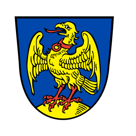 Ein goldener Adler mit rotem Schnabel und rotem Kragen steht auf einem gelben Felsen auf blauem Hintergrund.